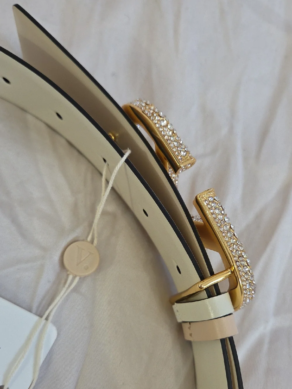 Valentino Garavani Cream White Belt with Rose Gold Sparkle Buckle